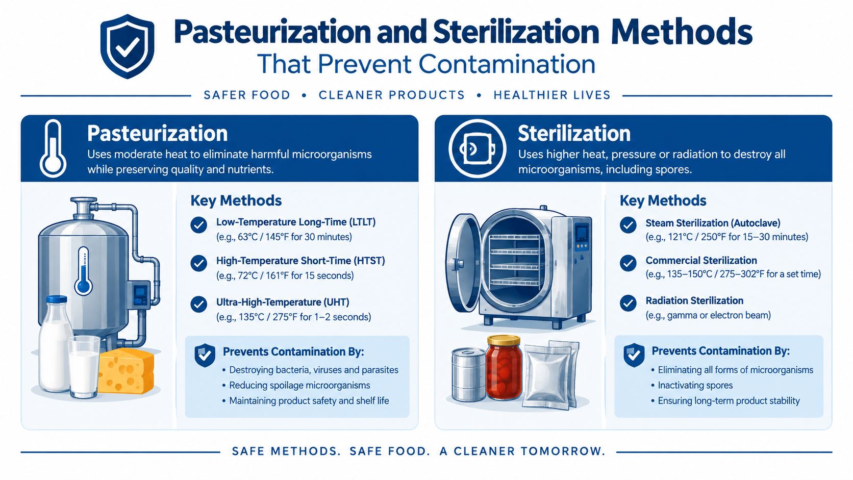 An infographic detailing the differences between food pasteurization and sterilization methods for safety and contamination prevention.
