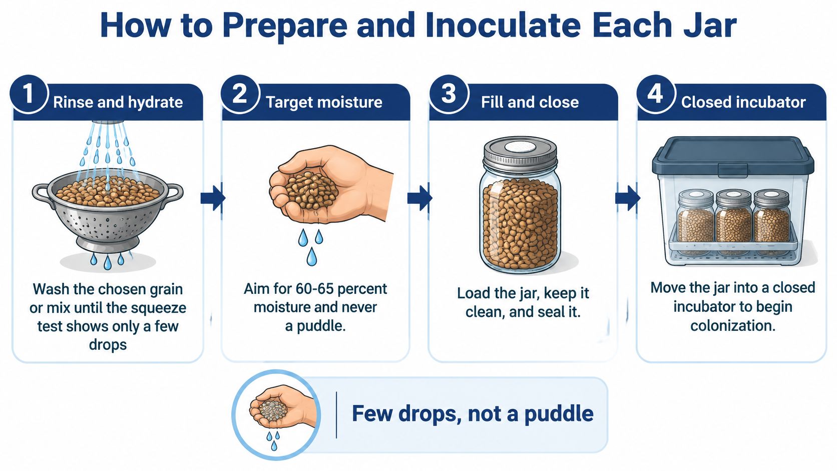 A four-step infographic showing how to prepare grain jars for mushroom substrate colonization and incubation.