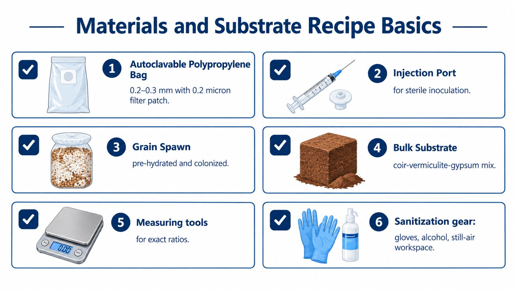 A diagram illustrating the essential materials and tools required for preparing a mushroom substrate recipe at home.