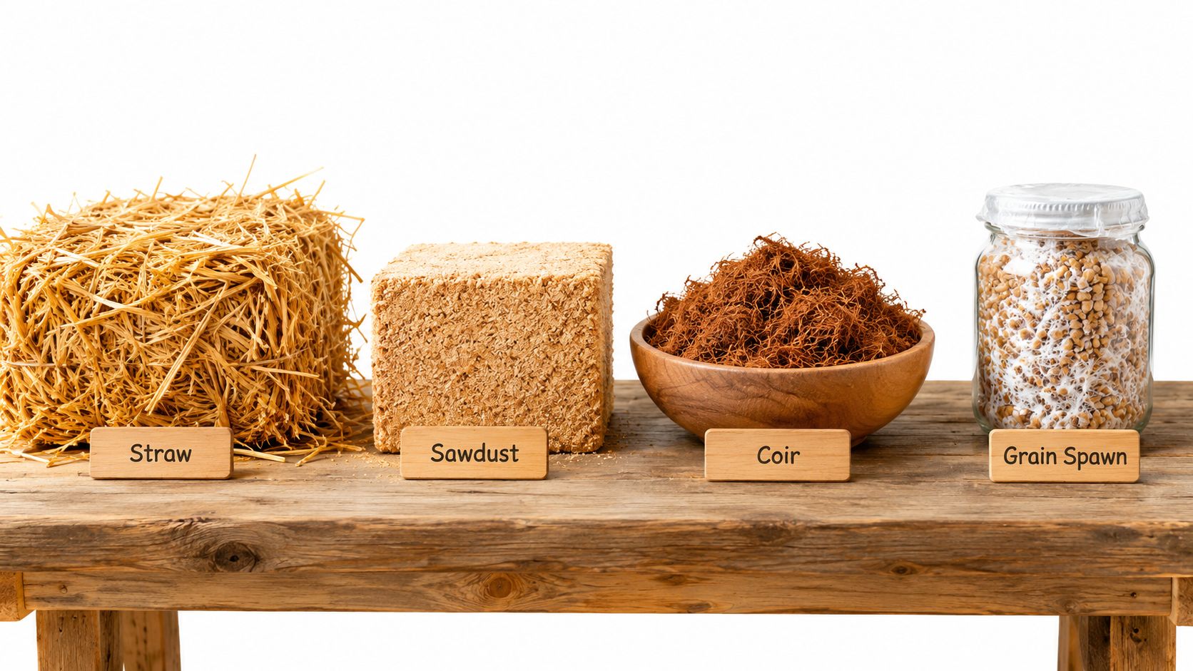 Four different types of mushroom substrates including straw, sawdust, coir, and grain spawn on a wooden table.