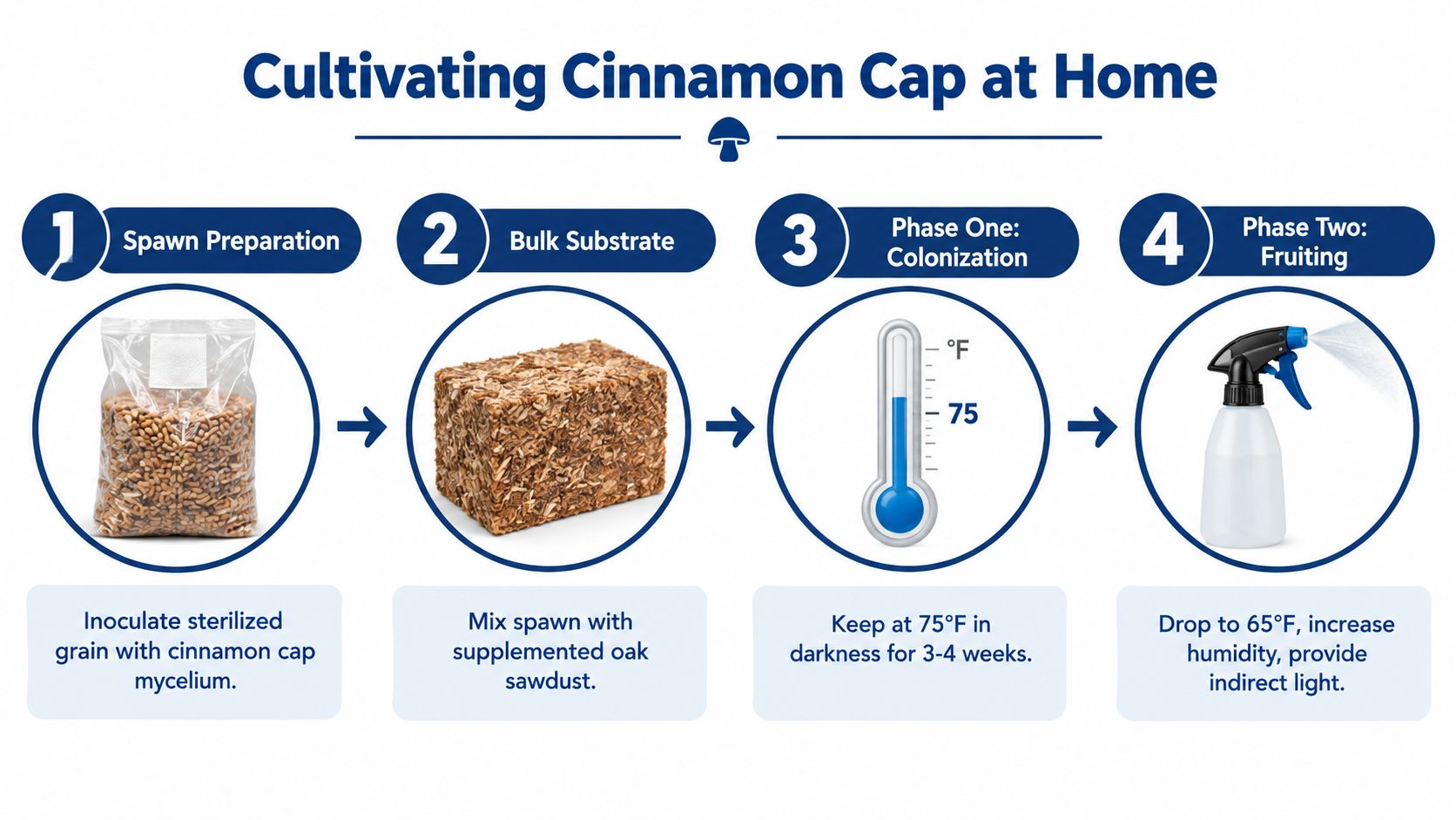 An infographic detailing the four-step process for cultivating cinnamon cap mushrooms at home, from spawn to fruiting.