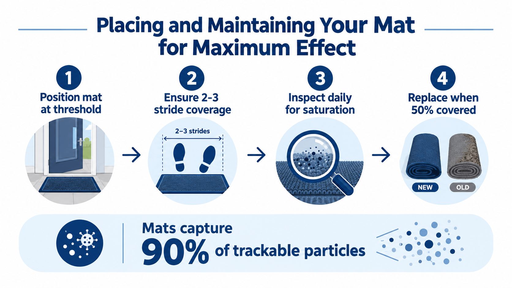 A four-step infographic illustrating how to properly place and maintain contamination control floor mats to capture dirt particles.