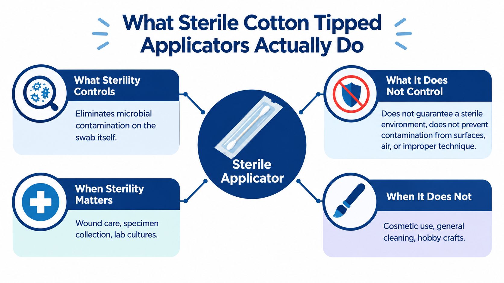 An educational infographic explaining the actual uses and limitations of sterile cotton tipped applicators in various environments.