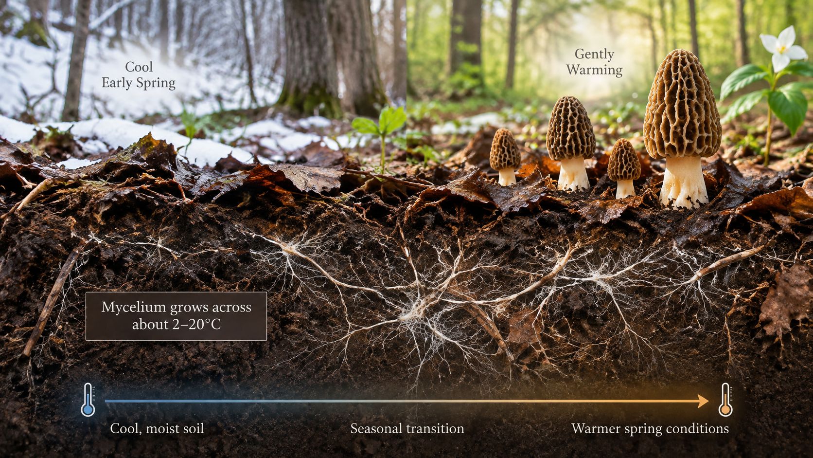 An illustration showing morel mushroom growth cycles in cool, moist soil during the spring transition.
