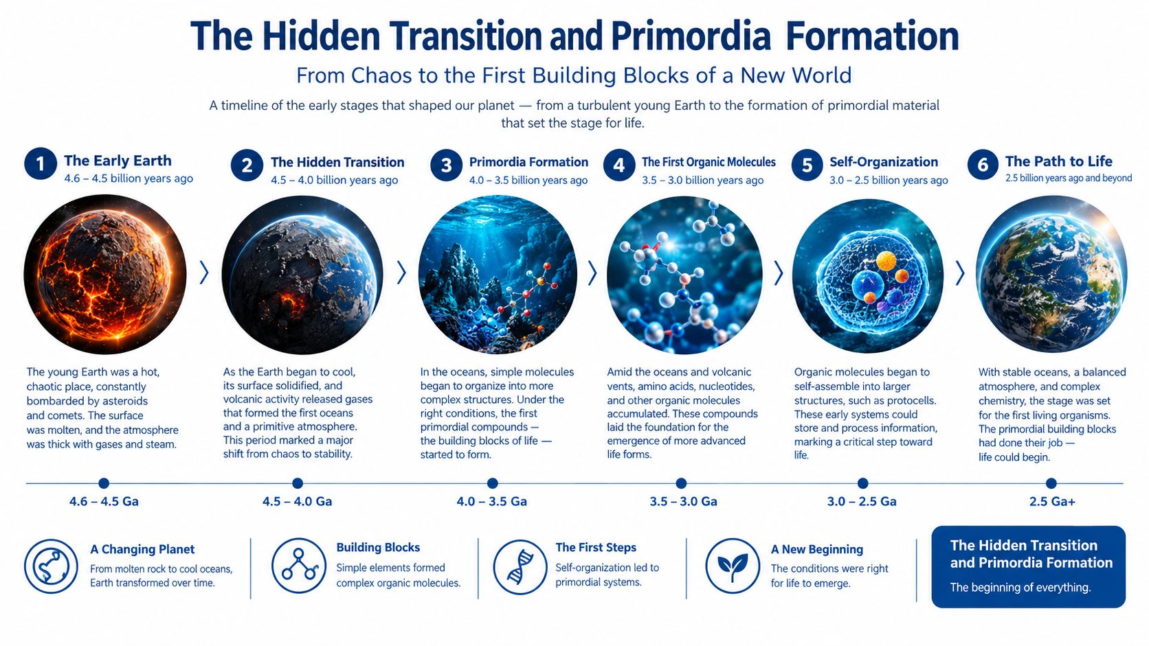 A timeline illustration showing the six key evolutionary stages of Earth's formation from chaos to life.