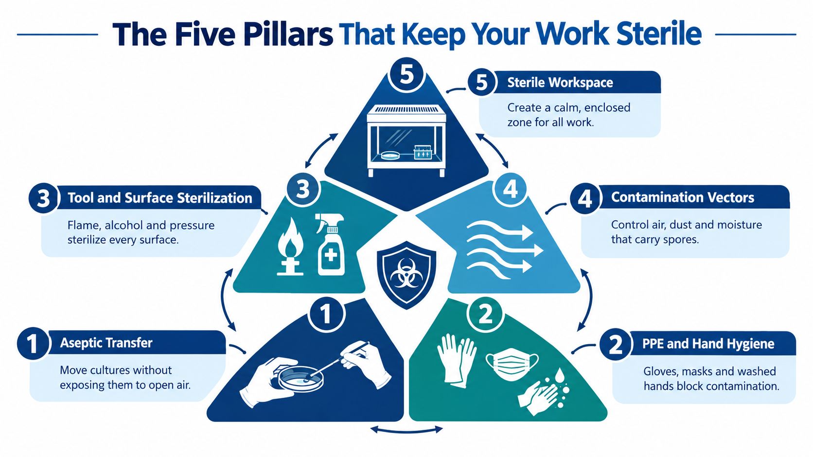 An infographic titled The Five Pillars That Keep Your Work Sterile, illustrating five essential laboratory safety procedures.