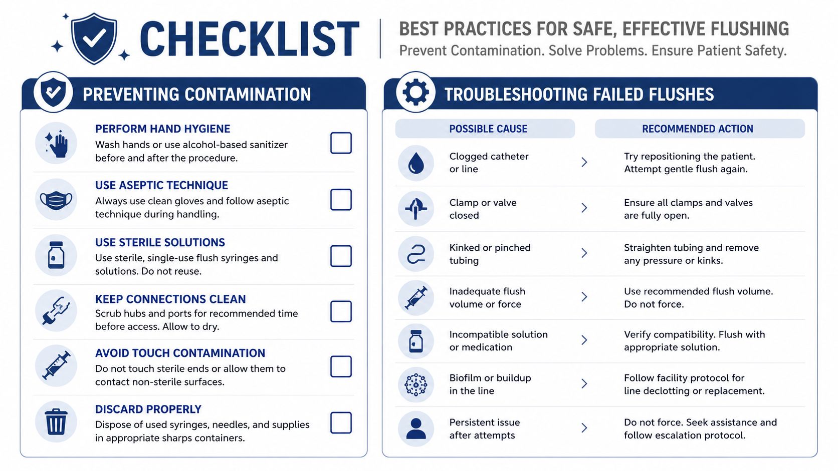 An infographic checklist for best practices in safe catheter flushing, covering contamination prevention and troubleshooting failed flushes.