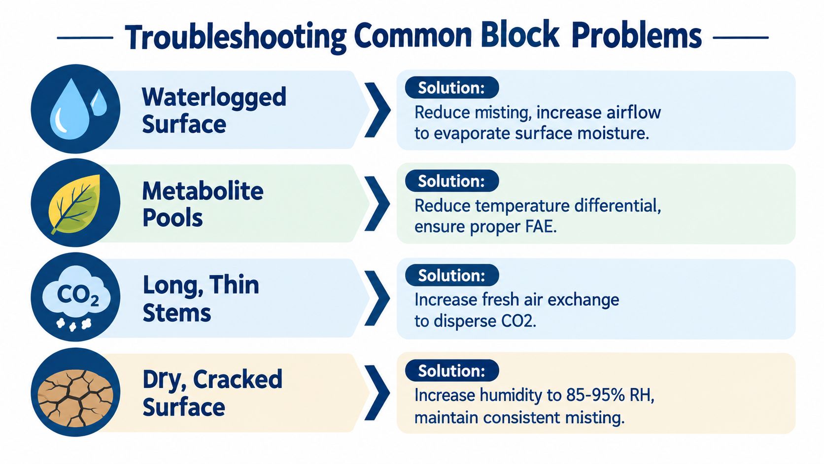 A troubleshooting guide infographic for mushroom fruiting blocks displaying solutions for common moisture and environmental issues.