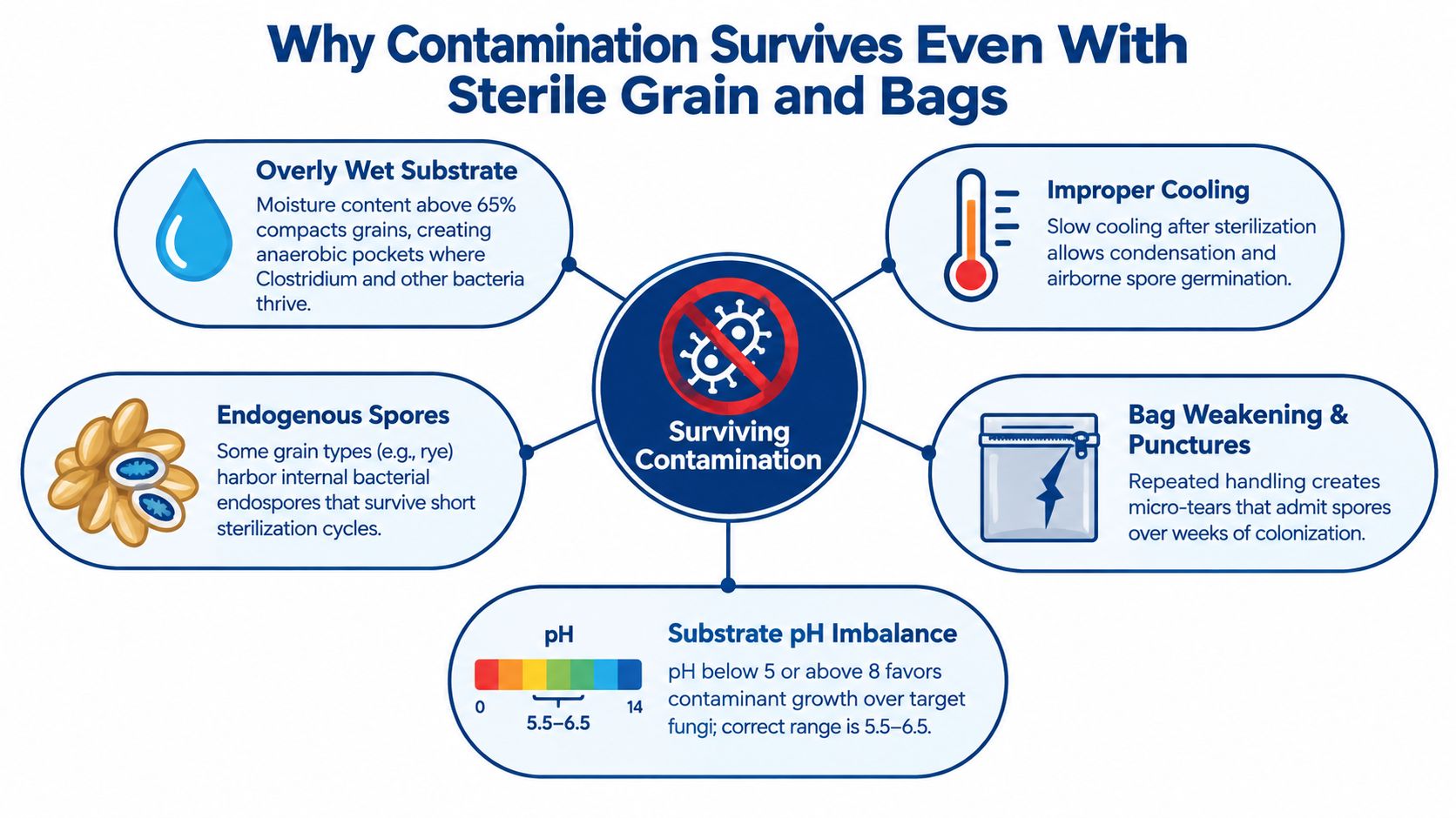 A diagram explaining five common reasons why contamination occurs even in sterile grain and mushroom bags.