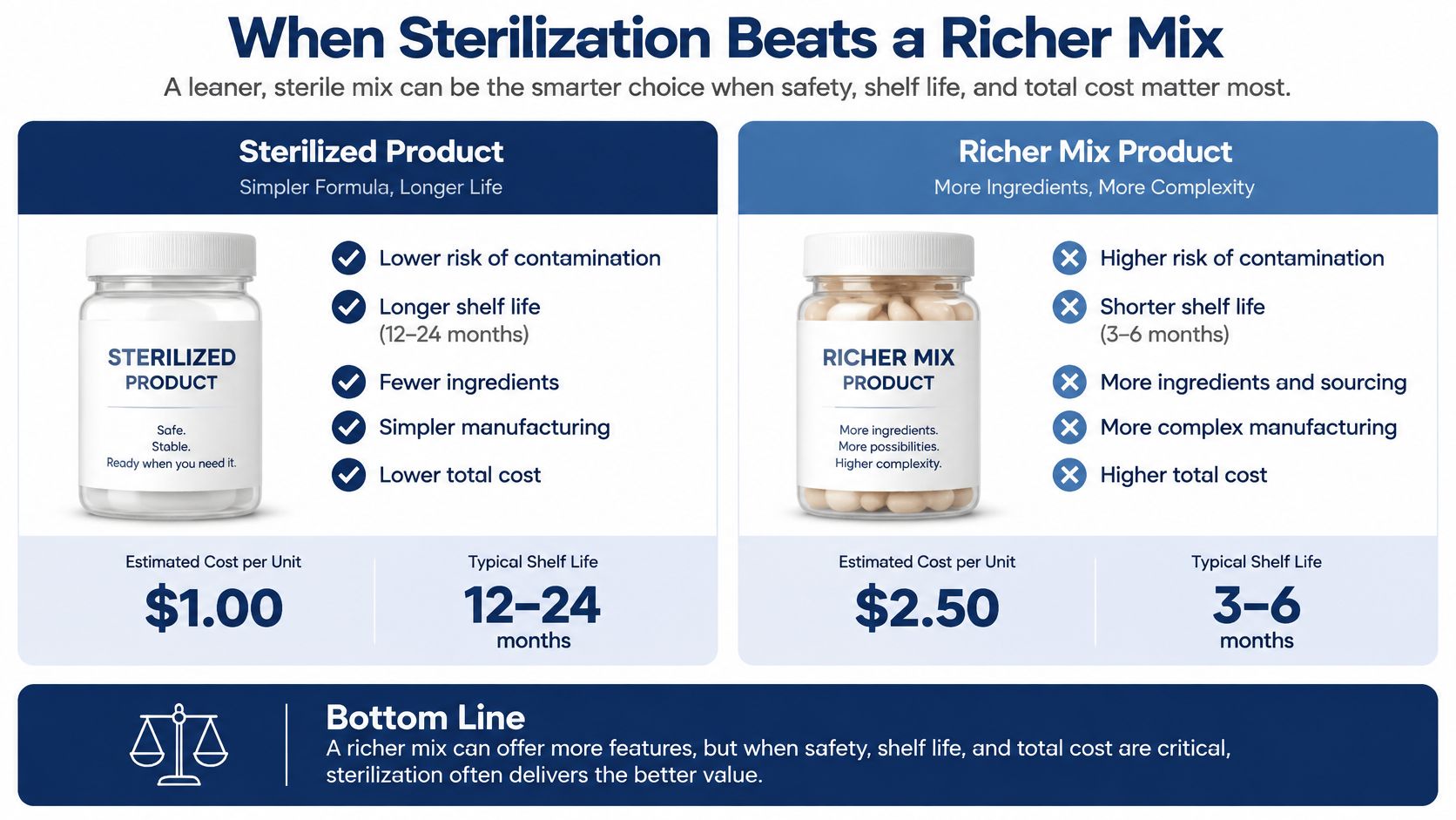 A comparison infographic between sterilized products and richer mix products showing benefits, shelf life, and costs.