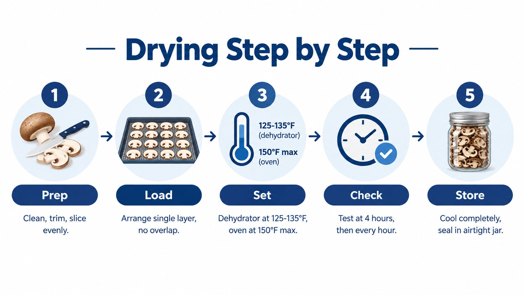 A five-step infographic showing how to properly clean, slice, dehydrate, check, and store mushrooms for drying.
