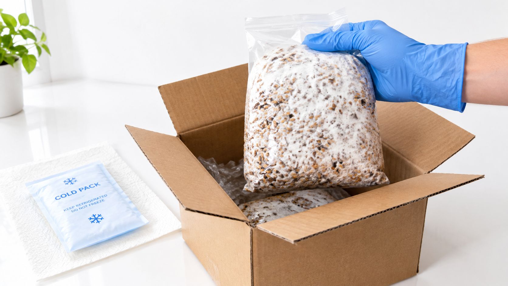 A gloved hand places a bag of grain mushroom spawn into a shipping box with ice packs.