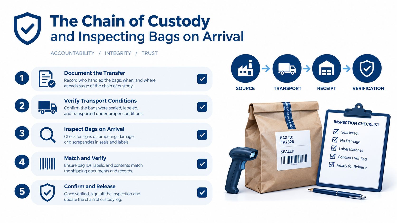 A step-by-step infographic detailing the chain of custody and inspection process for sterile mushroom grow bags.