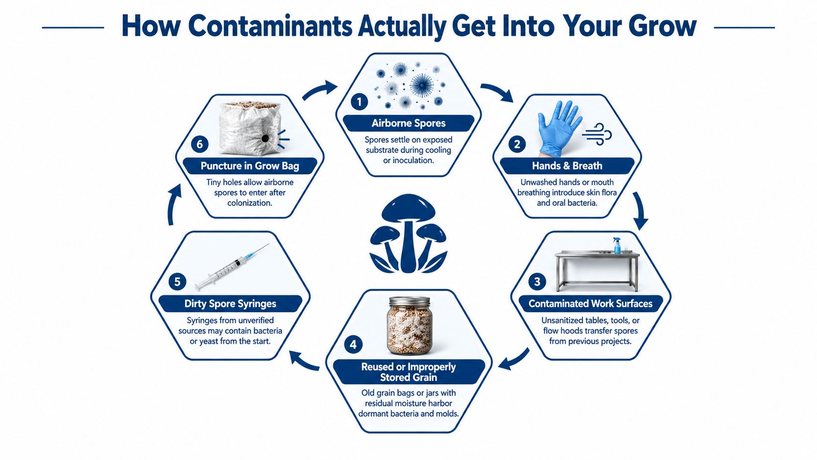 An infographic showing six common ways contamination can enter a mushroom cultivation or fungal growth project.