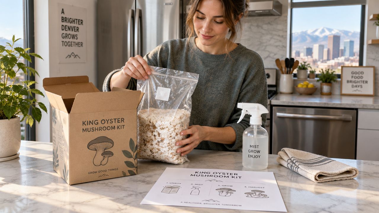 A woman preparing a King Oyster mushroom grow kit in a bright modern kitchen by the window.