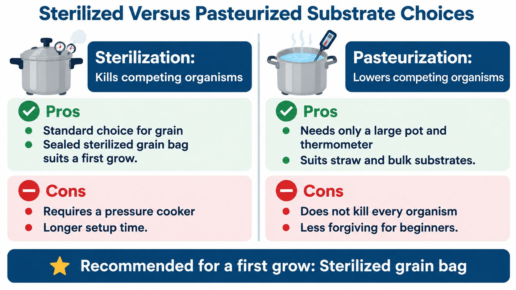 A comparison chart explaining the pros and cons of sterilized versus pasteurized substrates for growing mushrooms.