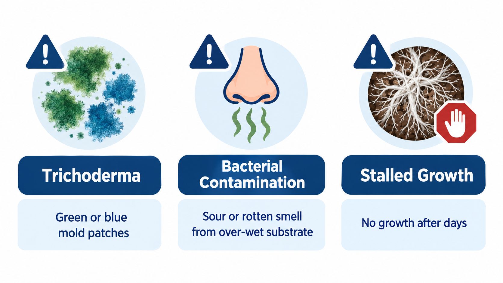 A graphic illustration showing three common problems in mushroom cultivation: Trichoderma mold, bacterial contamination, and stalled growth.