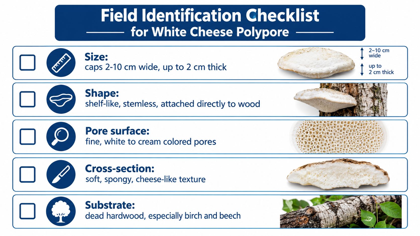 A checklist for identifying the White Cheese Polypore fungus, featuring its size, shape, pores, texture, and habitat.