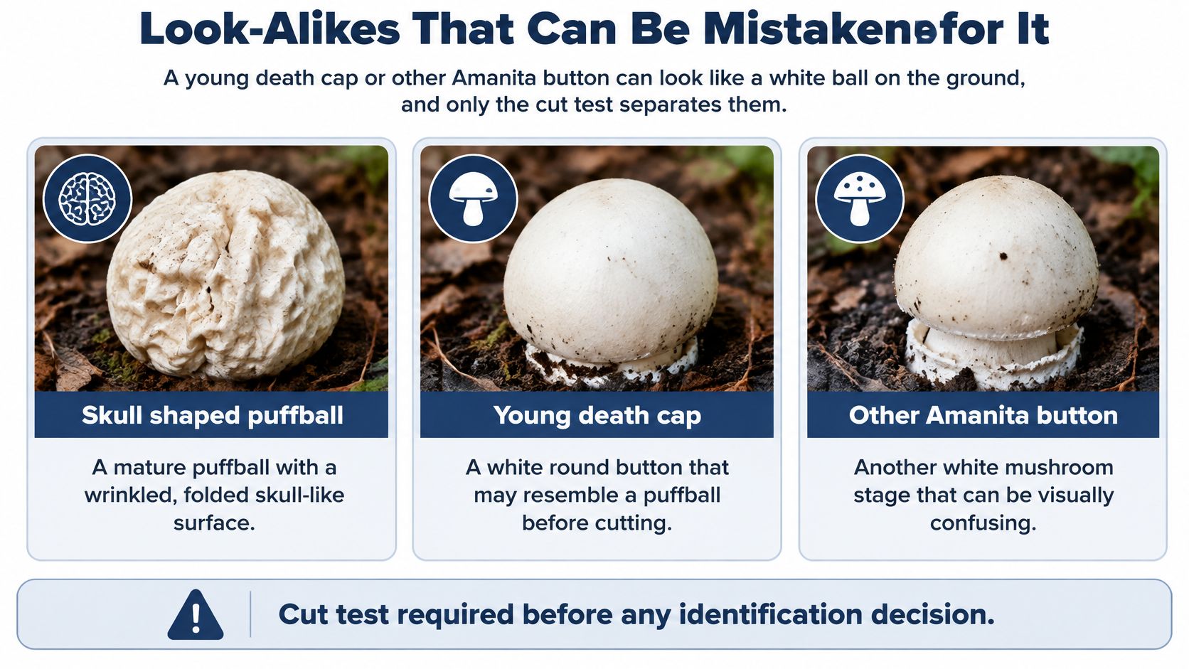 A diagram comparing a skull shaped puffball, a young death cap, and another Amanita button mushroom.