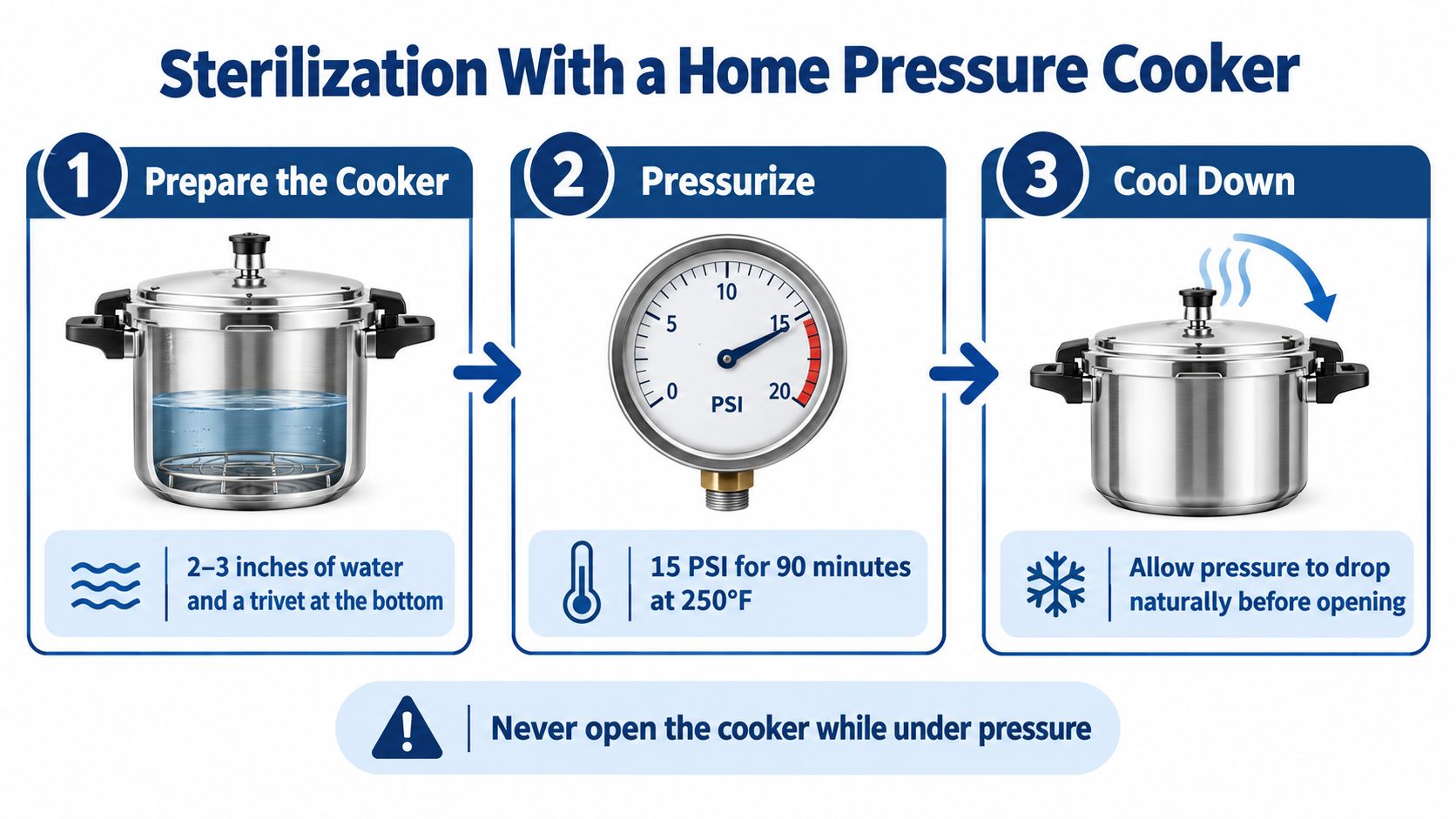 A three-step infographic showing how to sterilize equipment using a home pressure cooker.