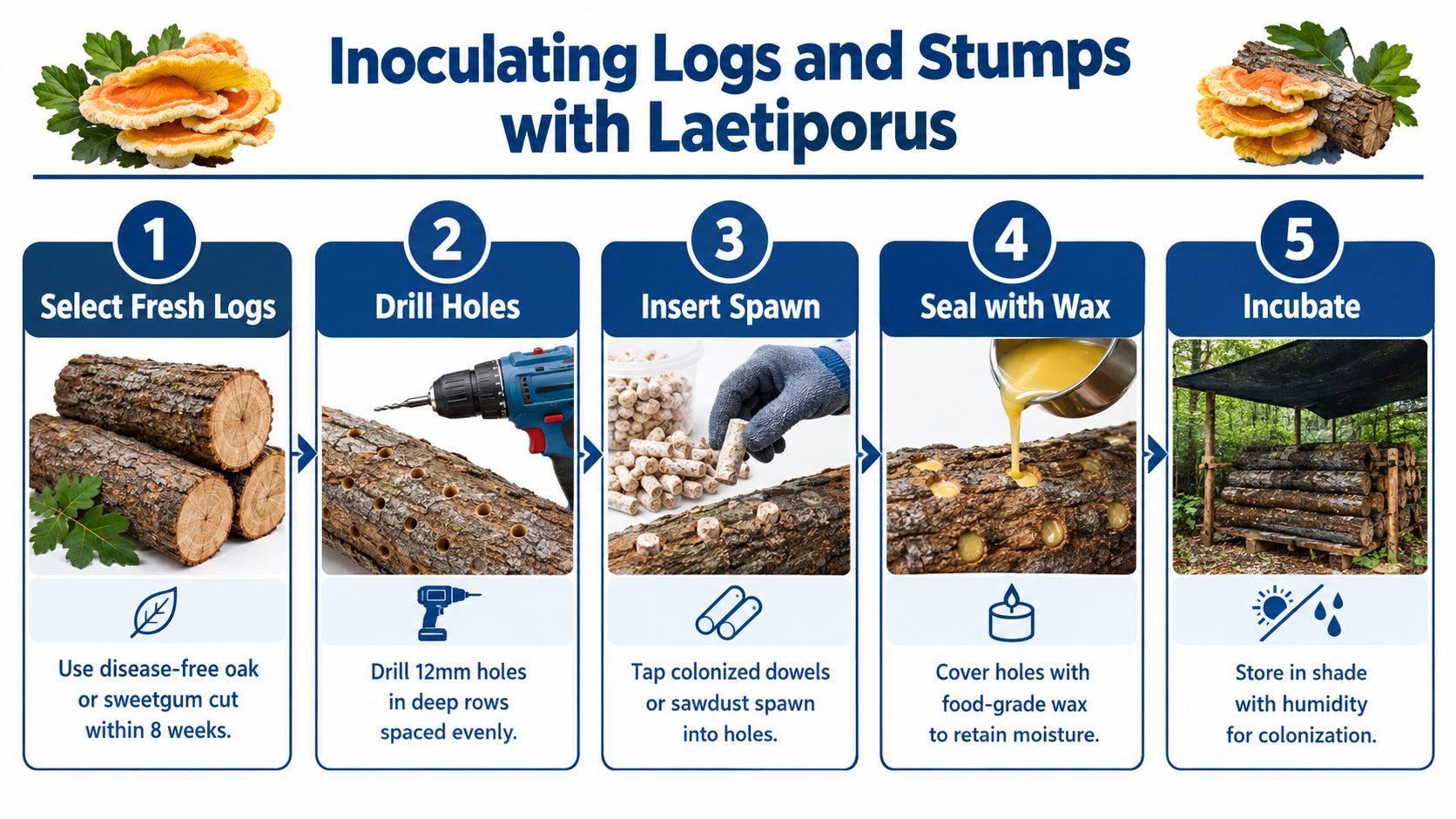 An infographic showing the five steps to inoculate logs for growing chicken of the woods mushrooms.