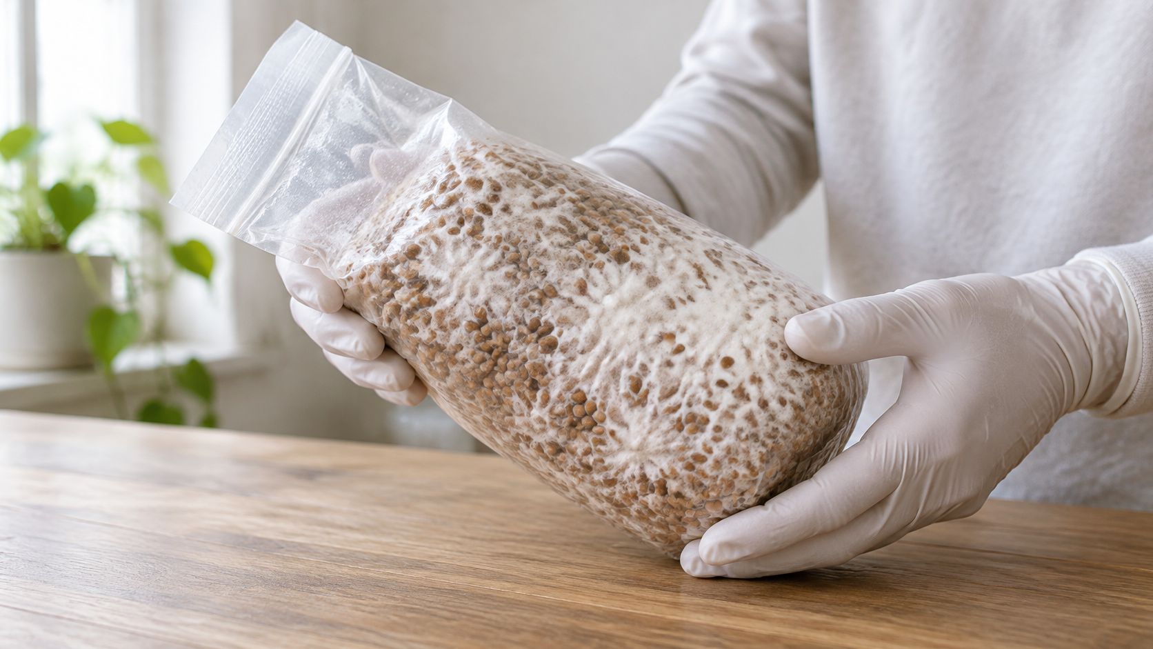A person wearing white gloves holding a clear plastic bag containing mushroom grain spawn on a table.