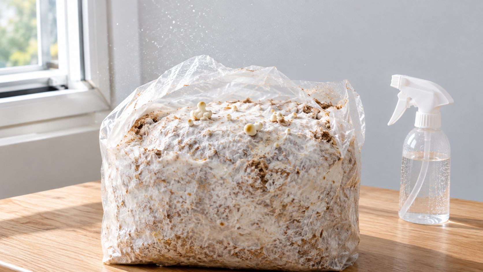 A clear plastic bag containing a lingzhi mushroom growth kit with small primordia emerging on a table.
