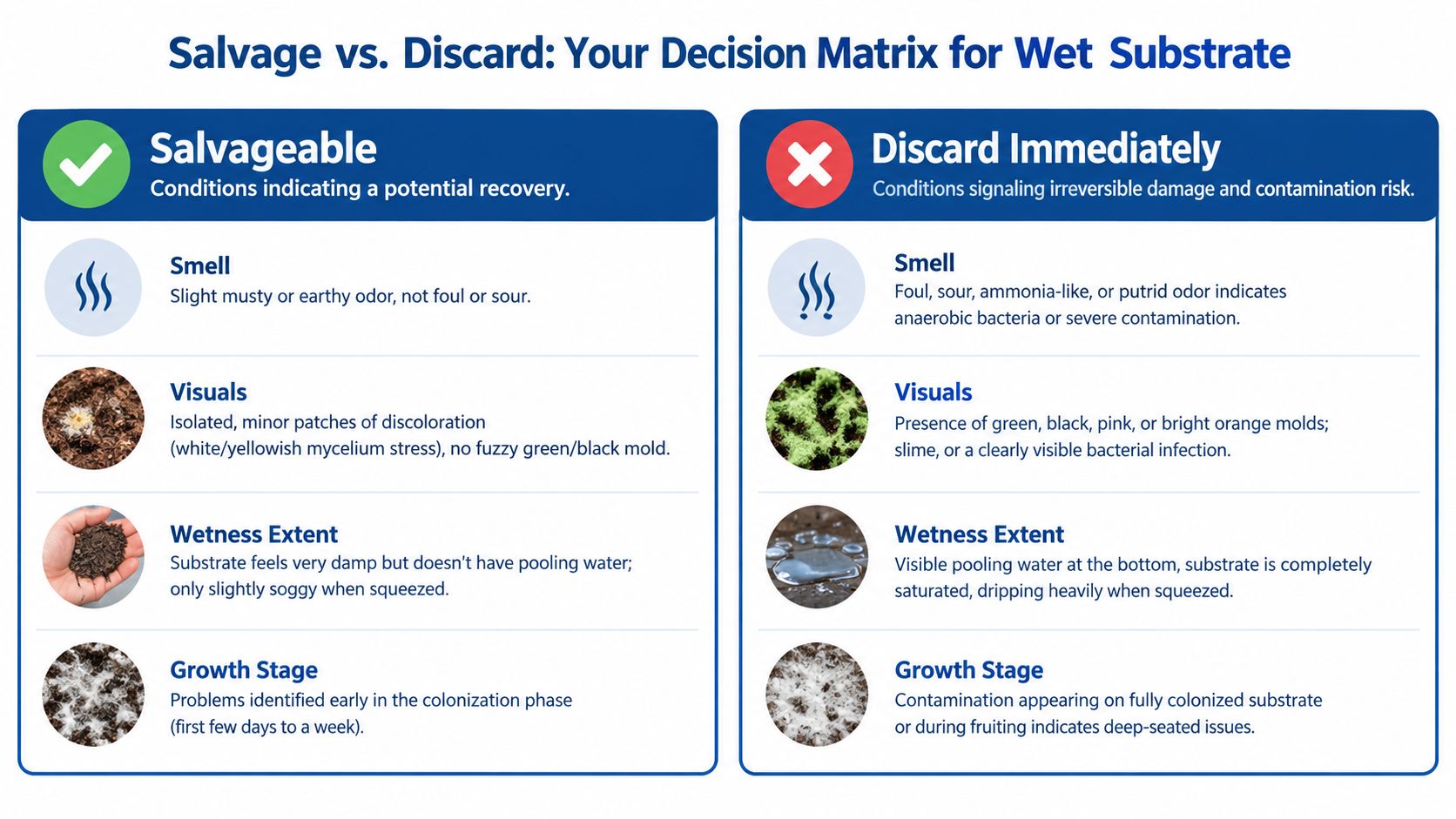 A decision matrix comparing conditions for salvaging versus discarding wet mushroom substrate based on signs of contamination.