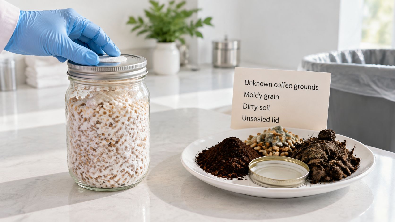 A person in blue gloves touching a glass jar containing mushroom spawn beside samples of contaminants.