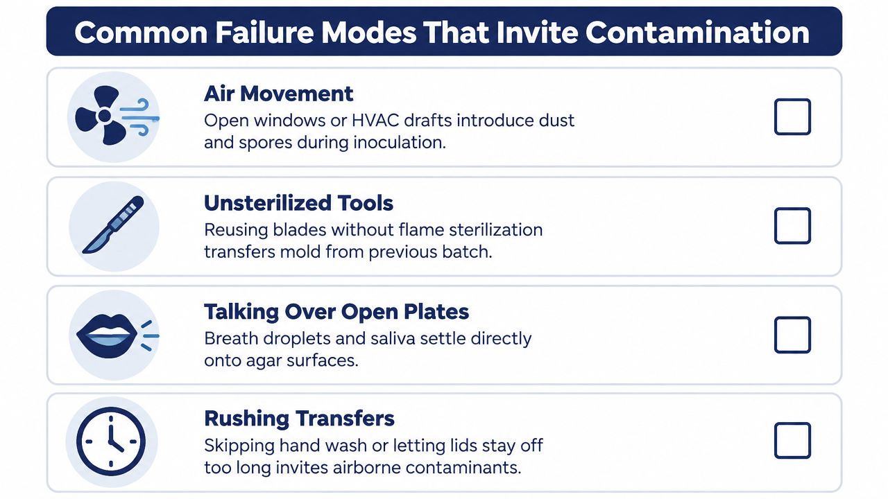 A diagram listing four common failure modes that cause contamination during laboratory or mushroom cultivation work.
