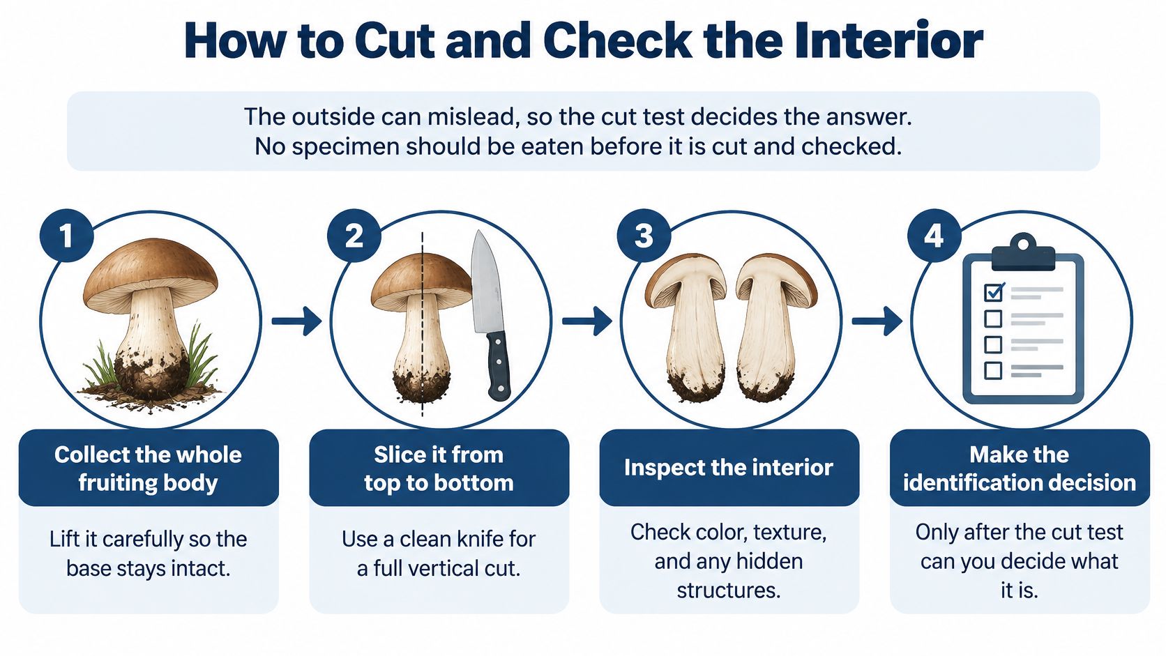 An infographic showing the four-step process for safely collecting, cutting, and inspecting a mushroom for identification purposes.