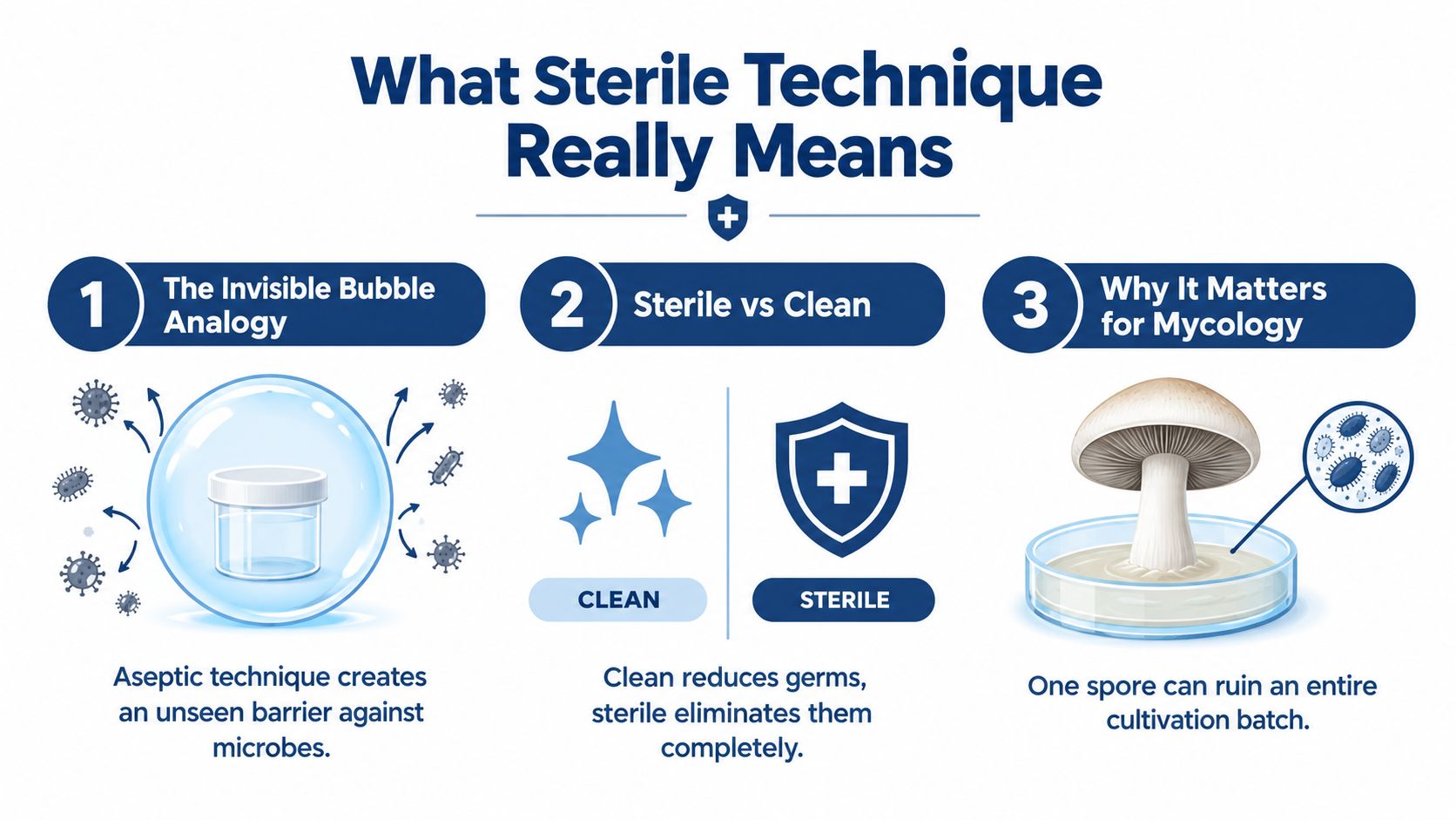 An infographic explaining the principles of sterile technique using three numbered sections for mycology cultivation.