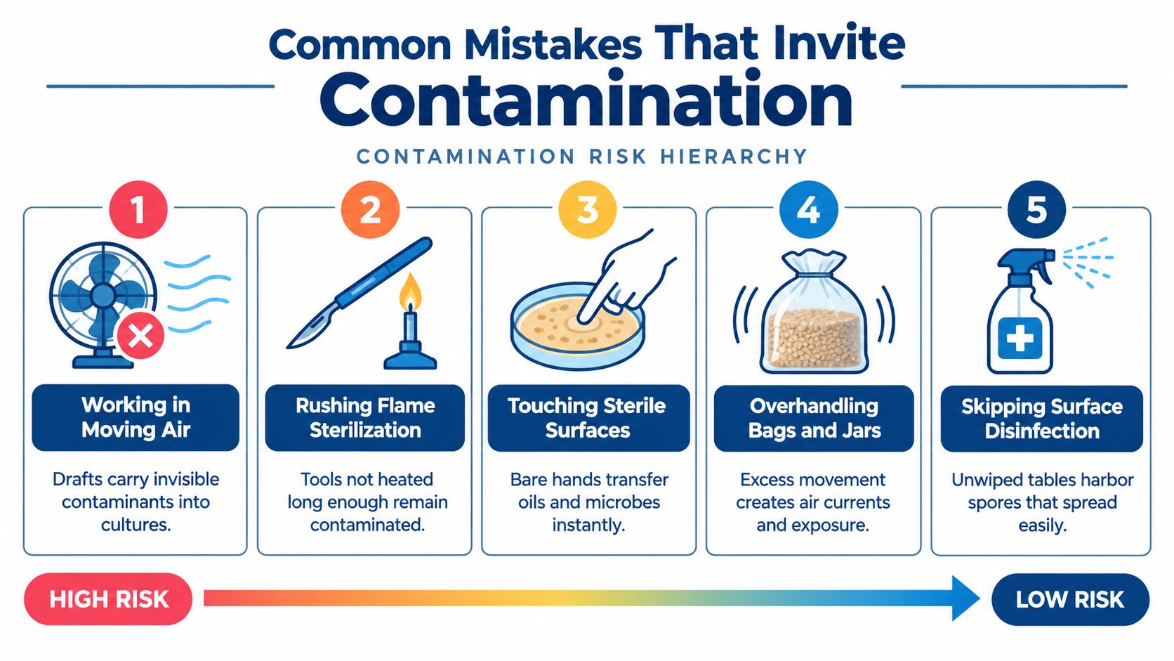 A contamination risk hierarchy infographic illustrating five common mistakes that compromise sterile technique and laboratory cleanliness.