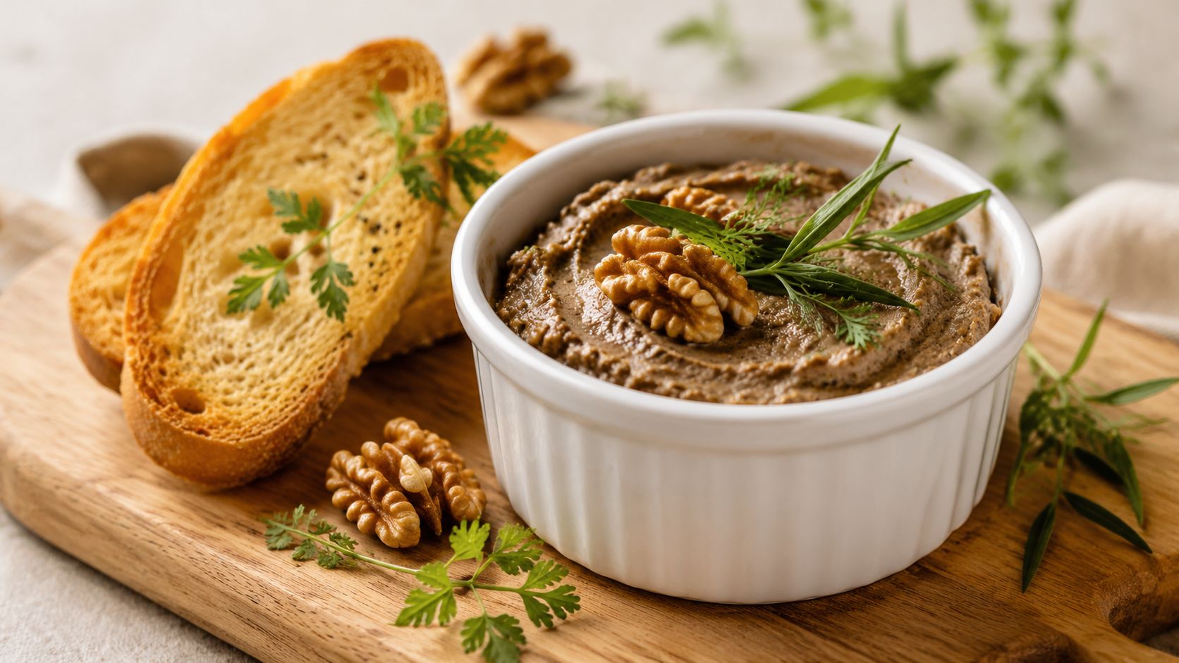 A savory mushroom pate in a white ramekin garnished with walnuts and fresh herbs, served with toasted bread.