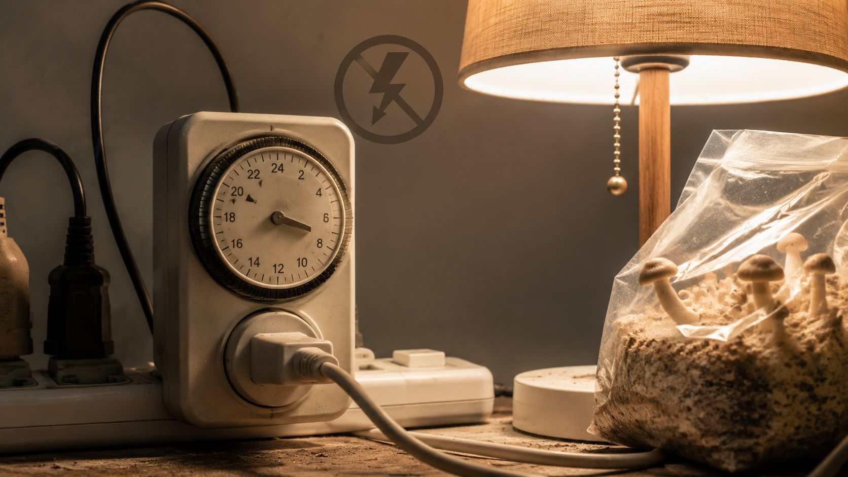 A 24-hour mechanical timer connected to a power strip beside a lamp and a mushroom grow kit.
