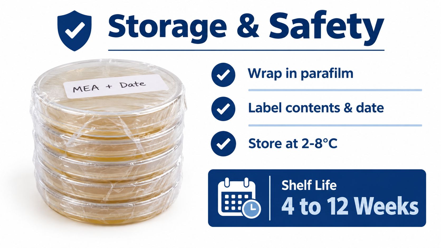 A stack of petri dishes containing malt extract agar, wrapped in parafilm, with storage and safety instructions.