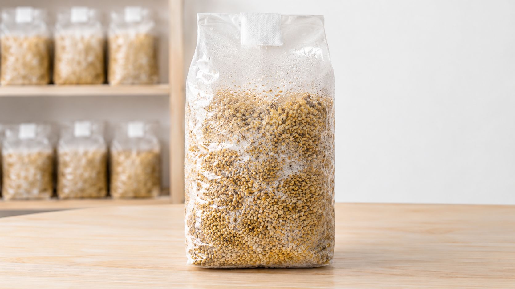 A clear plastic bag filled with grain spawn for mushroom cultivation sitting on a wooden table.