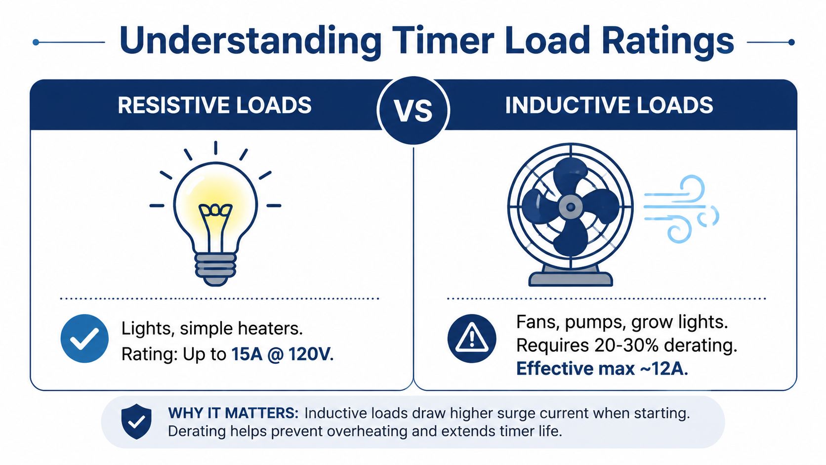 A comparison chart explaining timer load ratings for resistive versus inductive electrical loads and why derating matters.