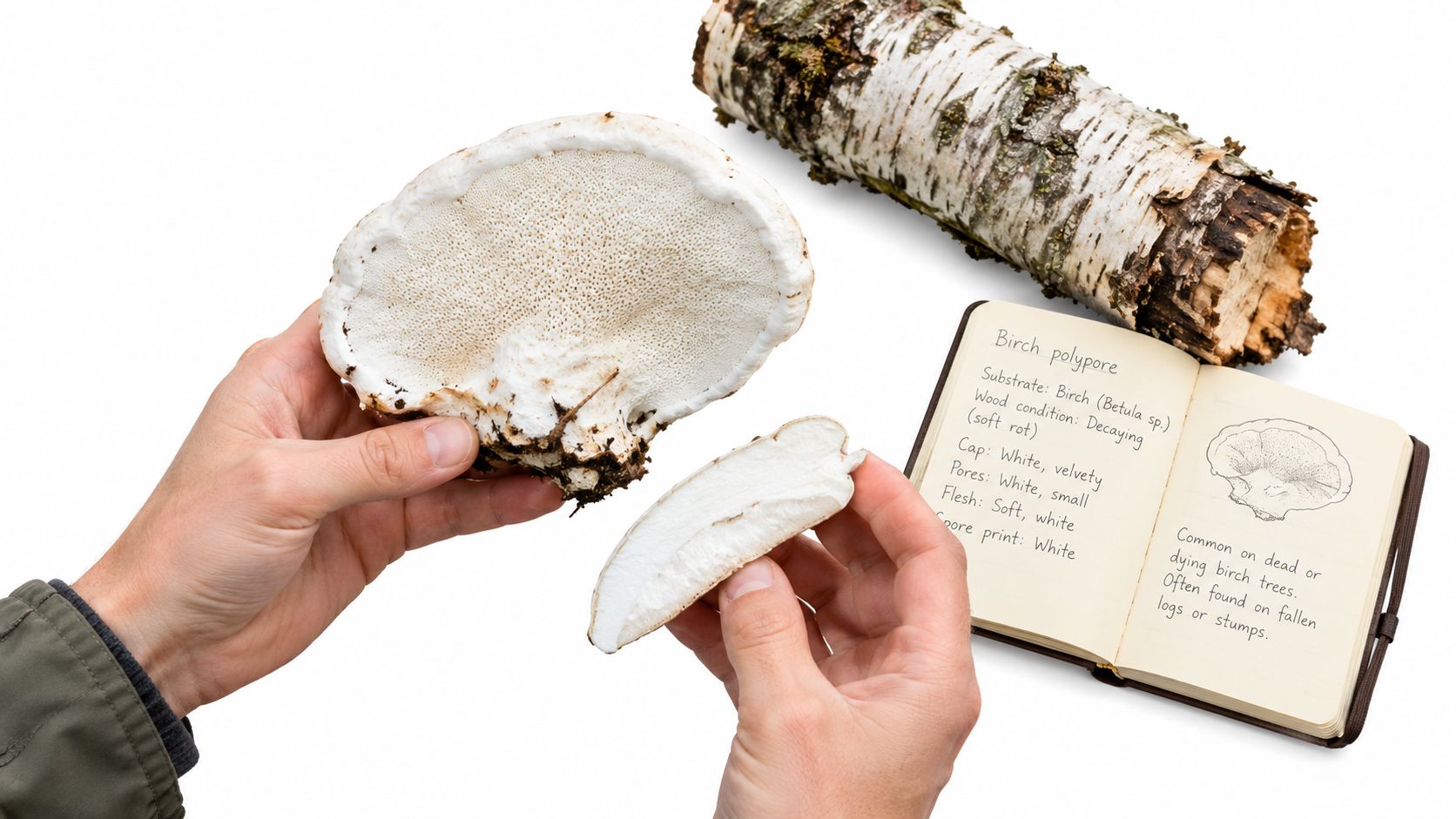 A person holds pieces of a white birch polypore mushroom next to a notebook and birch log.