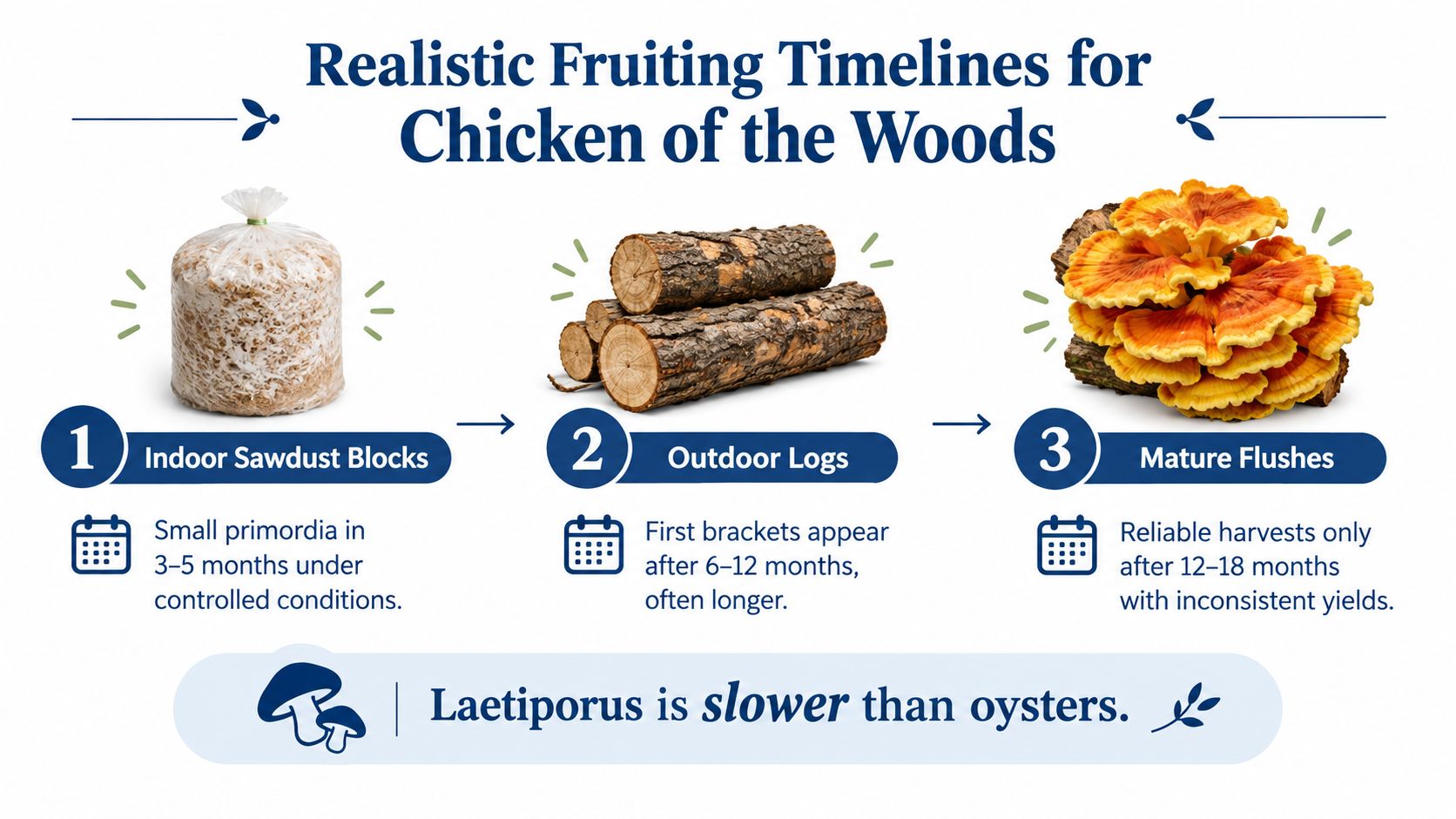 An infographic detailing the realistic three-stage fruiting timeline for growing Chicken of the Woods mushrooms.