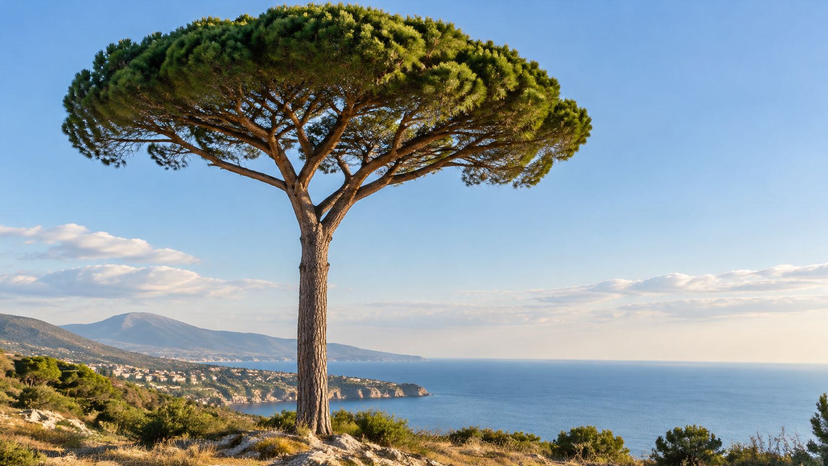A majestic umbrella pine tree overlooking the serene blue Mediterranean sea under a clear sunny sky.
