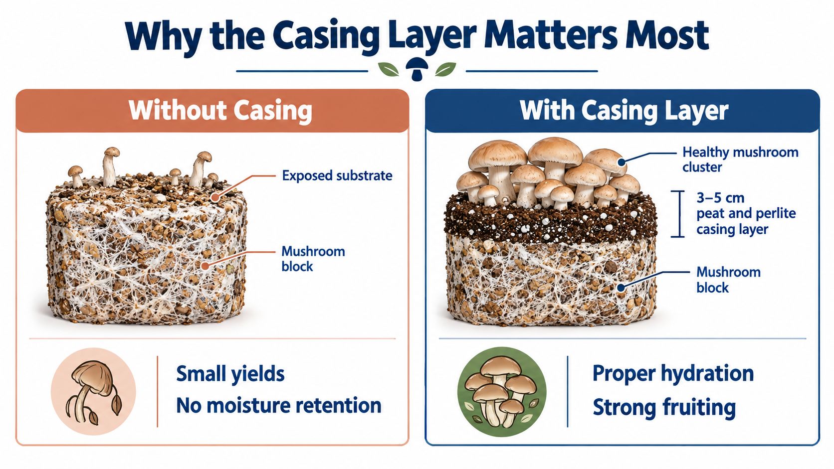A comparison illustration showing how a casing layer improves button mushroom growth by increasing yield and hydration.