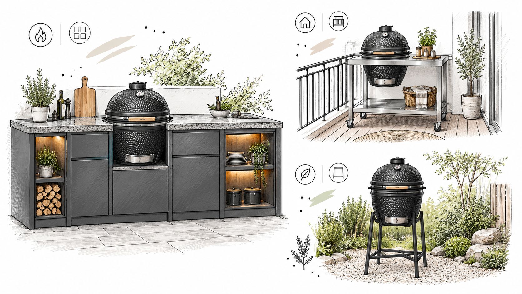 Drie verschillende manieren om een zwarte keramische kamado barbecue buiten in de tuin te plaatsen.
