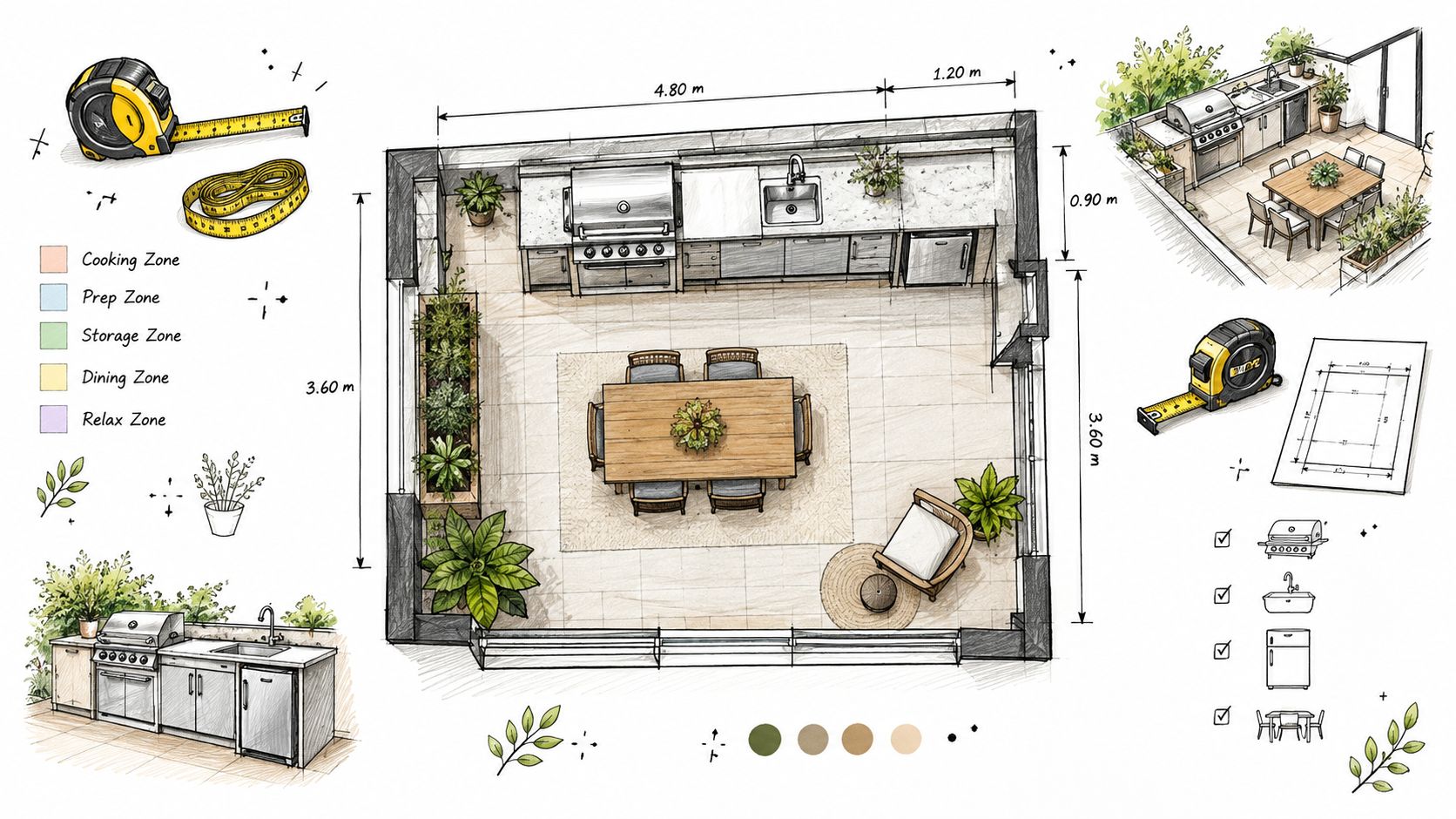Een gedetailleerde plattegrond van een moderne buitenkeuken met een bbq, eettafel en een comfortabele relaxzone op het terras.
