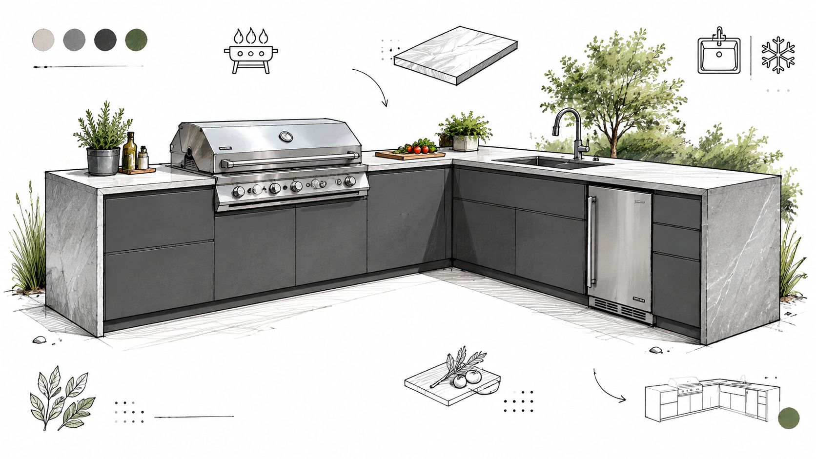 Een luxe moderne buitenkeuken met een ingebouwde gasgrill, gootsteen en koelkast in een tuinachtige omgeving.