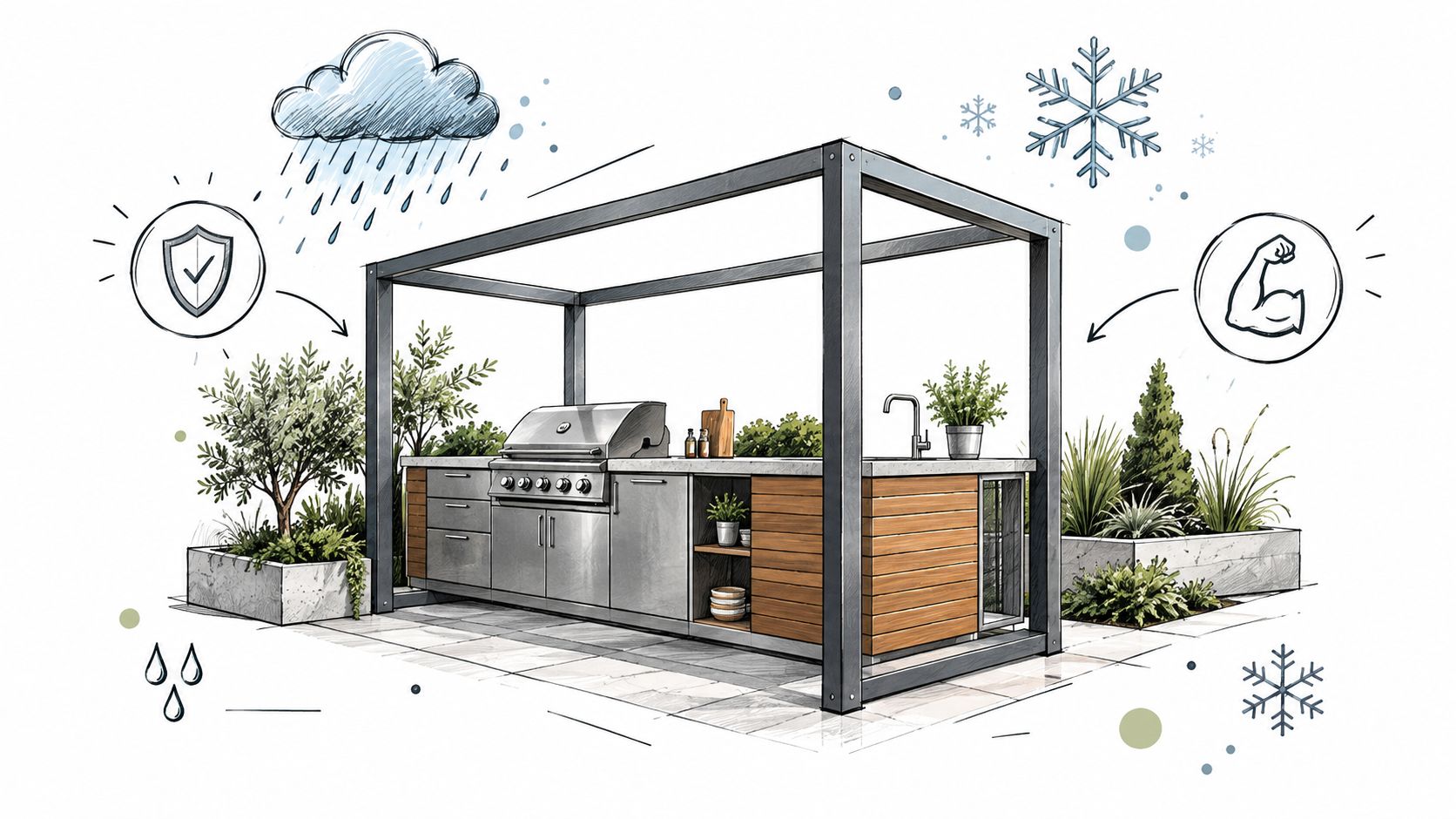 Een luxe buitenkeuken met stalen frame, beschermd tegen alle weersomstandigheden, in een moderne tuin.