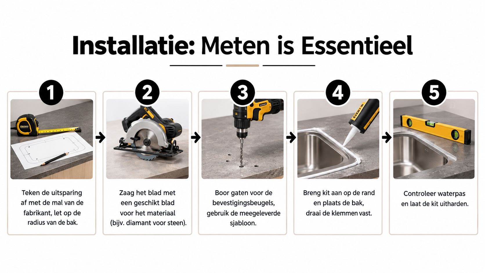 Stappenplan voor de correcte installatie van een onderbouw spoelbak in een keukenblad met professioneel gereedschap.