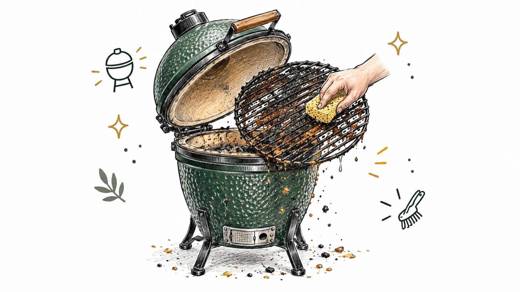 Geïllustreerde afbeelding van iemand die het rooster van een groene keramische kamado barbecue schoonmaakt met een spons.