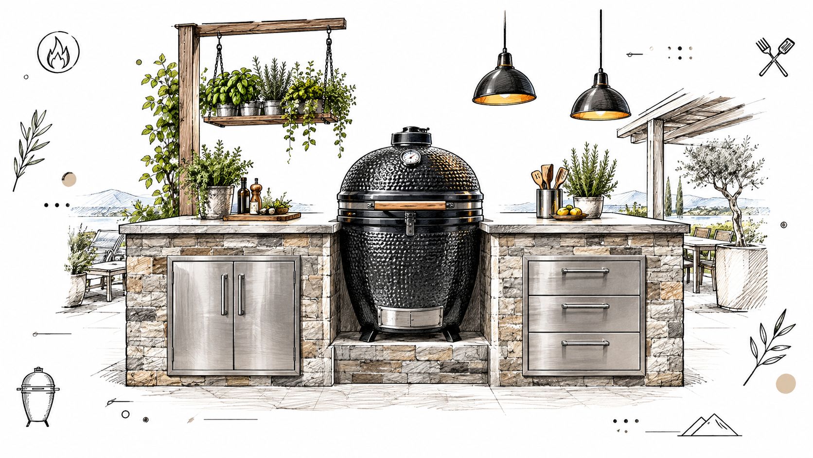 Een luxe buitenkeuken met een zwarte kamado-barbecue, stenen aanrechtblad en hangende kruidenplanten in een zonnige tuin.