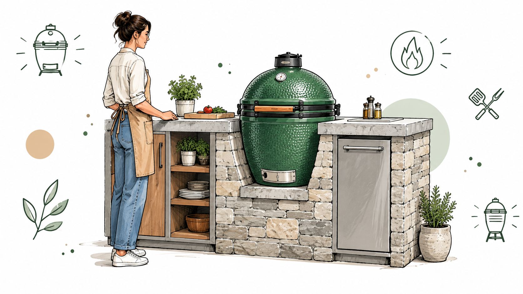 Een vrouw in een schort staat naast een grote groene kamado-grill ingebouwd in een stenen buitenkeuken.